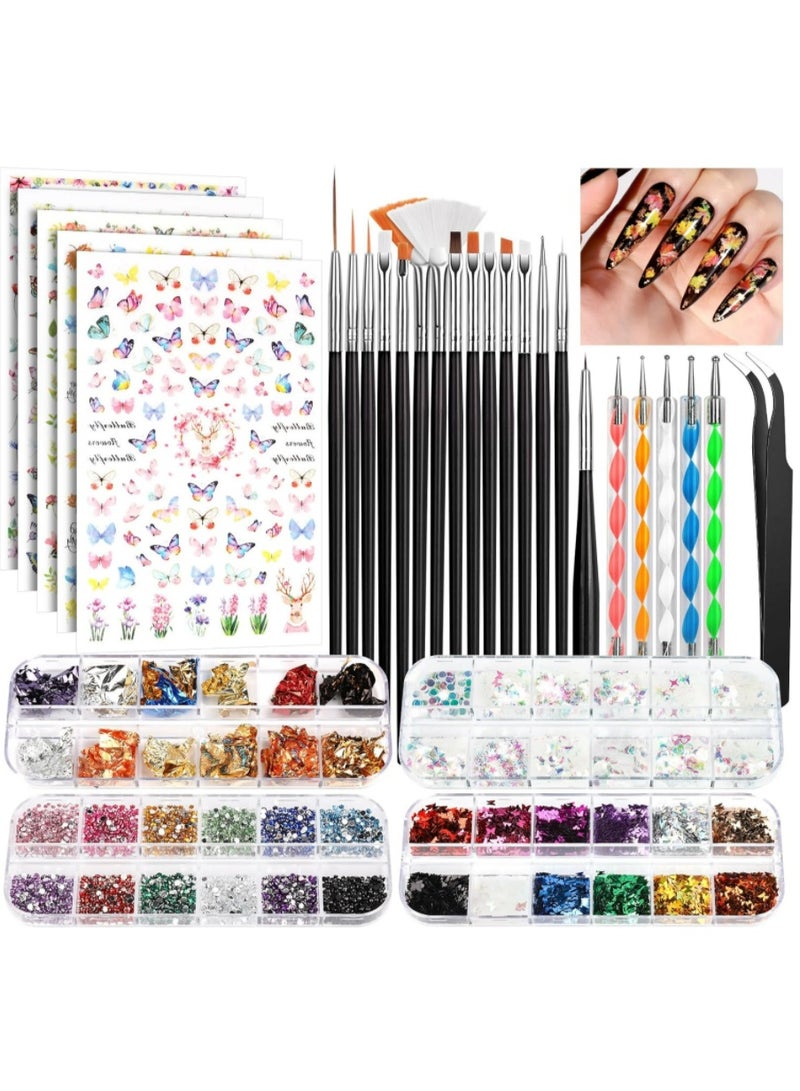 Arabest Nail Art Kit, Nail Art Brushes Set, Nail Art Dotting Tools, Nail Stickers, Butterfly Nail Art Sequins, Nail Foils, Nail Art Flakes Iridescent, Rhinestones For Nails Design - Image 1
